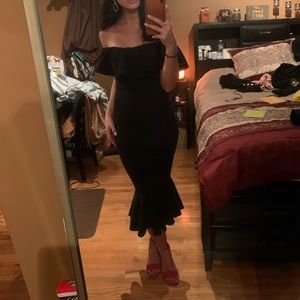 ruffled tight long black dress